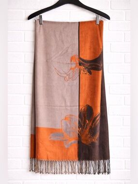 Pashmina Style Scarf Orange Brown Floral Fringe Wrap Shawl